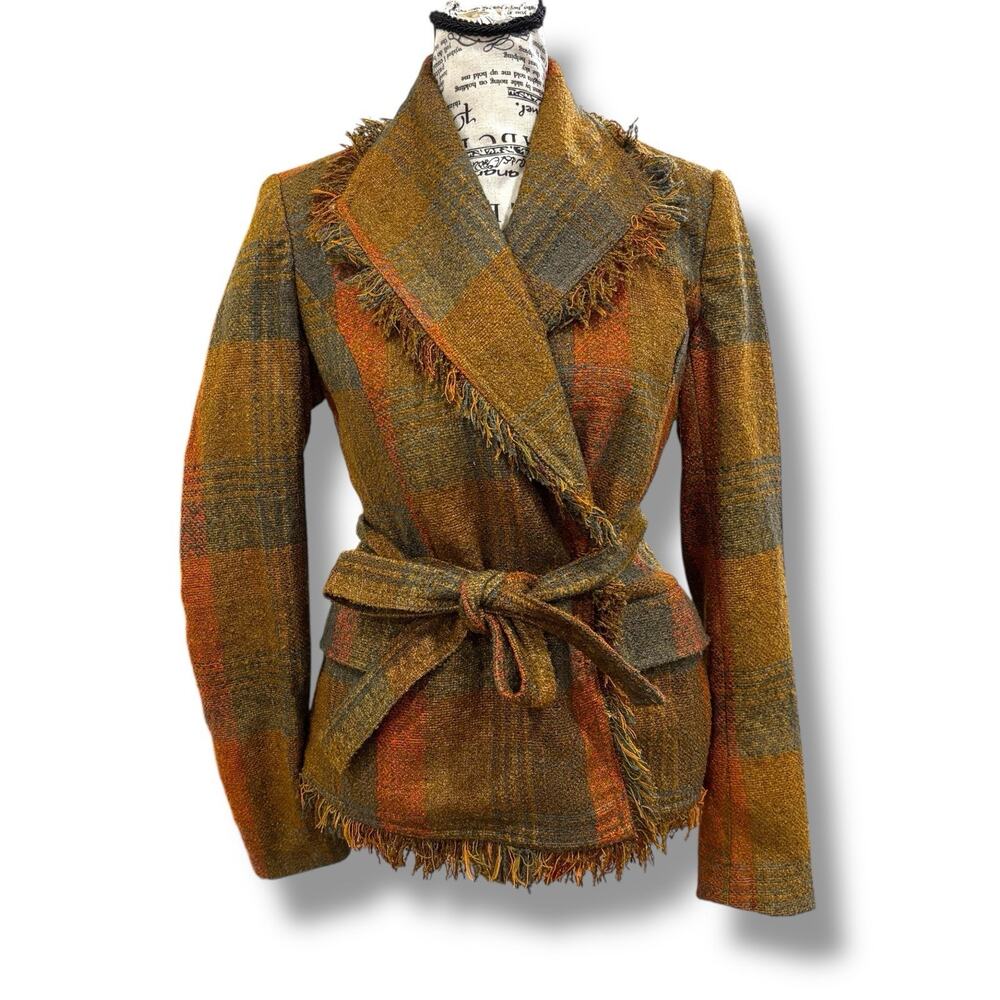 Anthropologie Cartonnier Size 0 XS Plaid Wrap Fringe Tweed Jacket Blazer